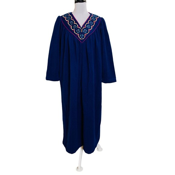 Appel Southwestern Blue Robe Petite Size M Retro Style Embroidered VTG Bathrobe - Picture 12 of 14
